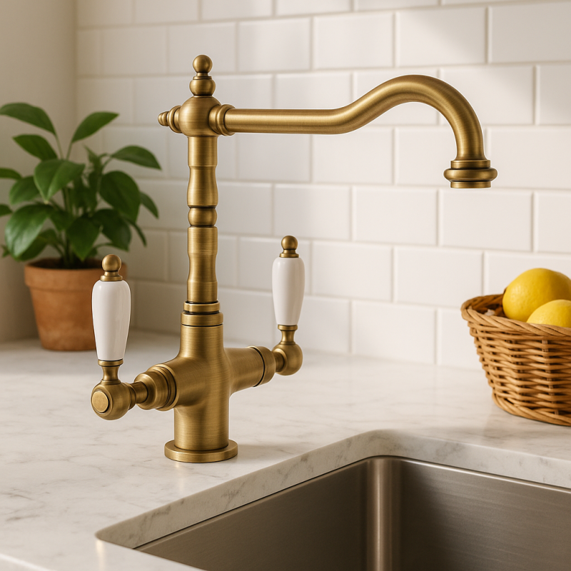 PB Носталгичен класически провинциален кухненски смесител Бронз с бели дръжки 1208953913